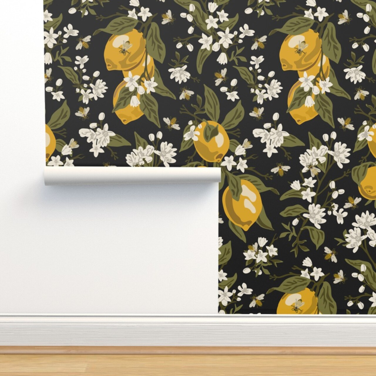 Bees Lemons Black Large Modern Citrus Traditional Custom Removable Wallpaper by Spoonflower Peel & Stick Wallpaper 2FT Wide